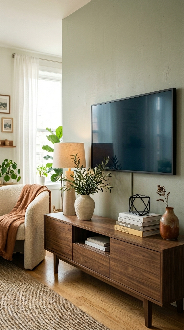 A modern wooden media console styled with asymmetrical TV stand decor ideas, featuring a tall linen table lamp, a ceramic vase with olive branches, and stacked books to balance a flat-screen television.
