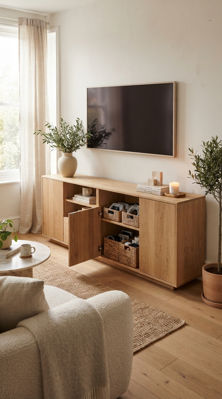 An open oak media cabinet showing woven baskets filled with electronic cables and controllers beneath a tv.