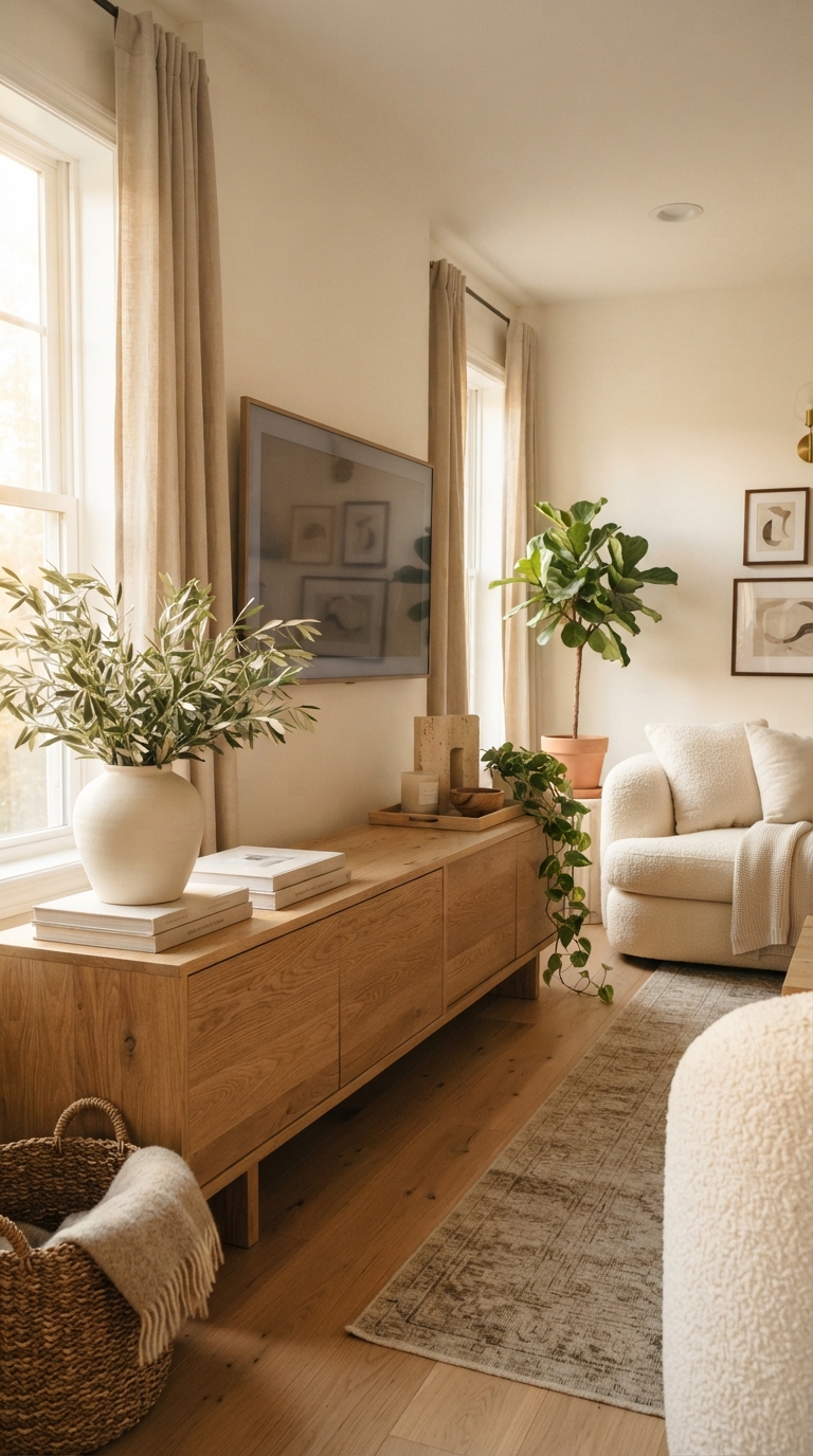 An oak tv stand styled with a ceramic vase of olive branches, stacked books, and a wood tray with stone decor.