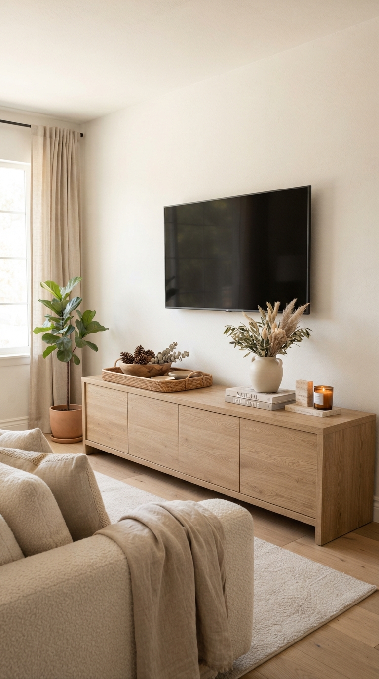 A long wood tv stand styled with a woven tray of pinecones and a vase of autumn pampas grass beneath a television.
