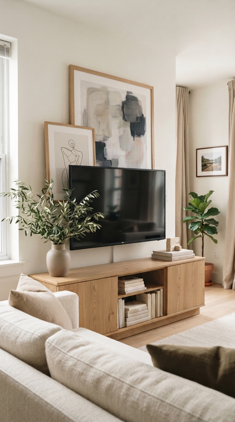 An oak tv stand below a wall-mounted television layered directly in front of large abstract framed artwork.