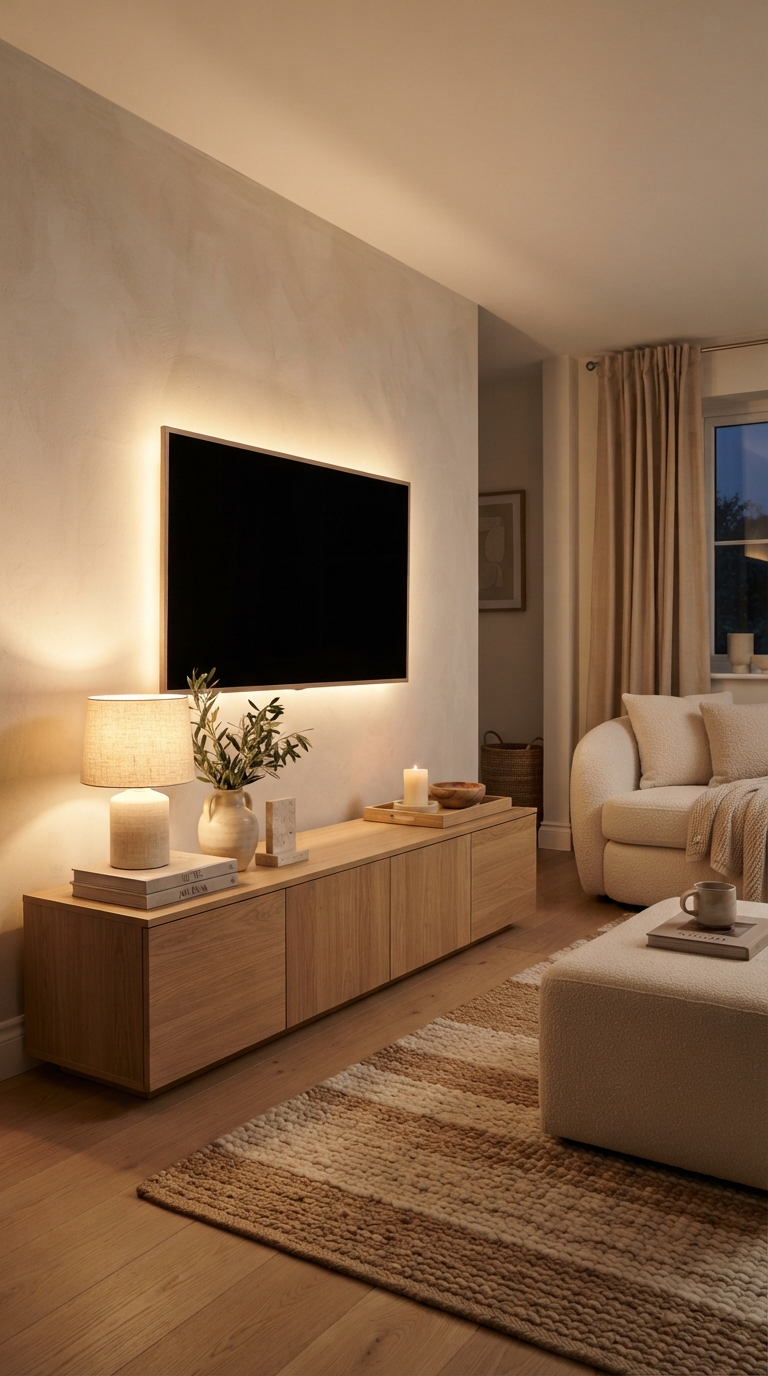 A floating oak tv stand at dusk styled with a glowing table lamp and warm white led bias lighting behind the television screen.