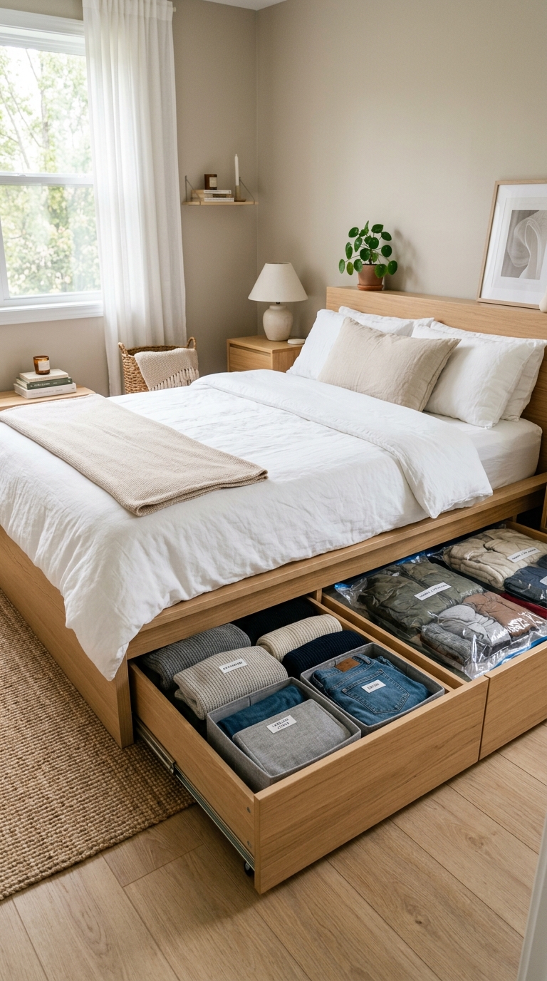 Wooden platform bed with pull-out under-bed storage drawers containing folded sweaters and vacuum bags for space-saving clothes organization.
