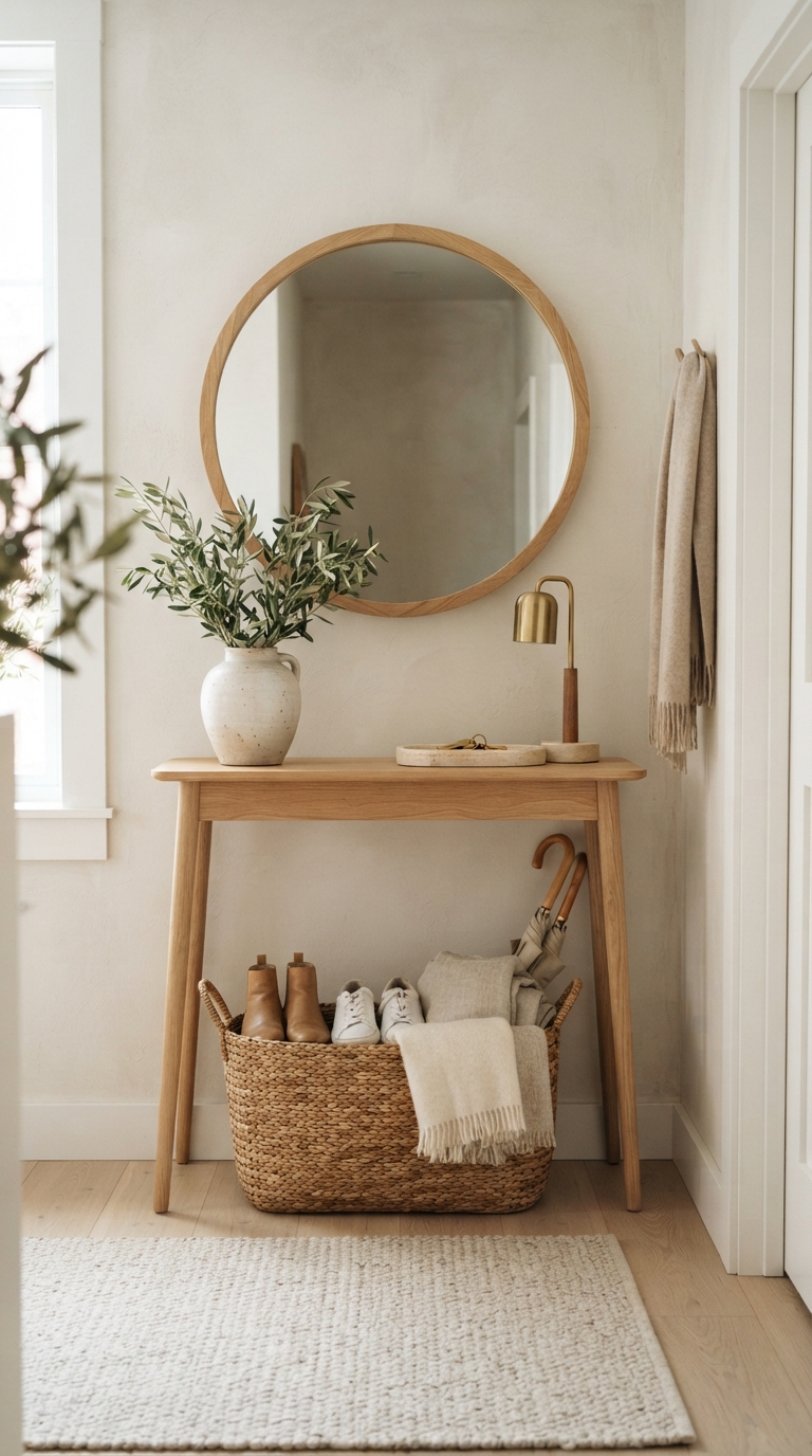 A narrow oak entryway table styled with a large natural woven basket underneath holding shoes and umbrellas to maximize small space storage.