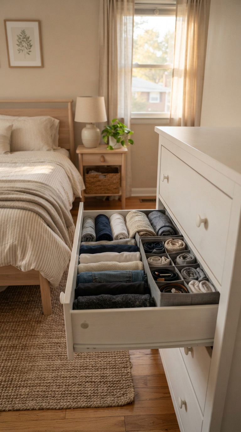 An open white dresser drawer showing structured cloth grid dividers next to open rows of folded jeans.