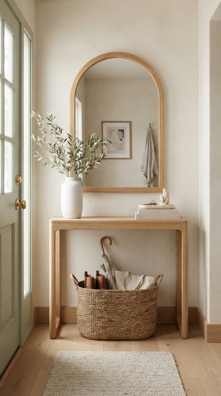A narrow oak entry table demonstrating visual balance with a round mirror, an olive branch vase, a small table lamp, and an orderly woven basket for shoes below.