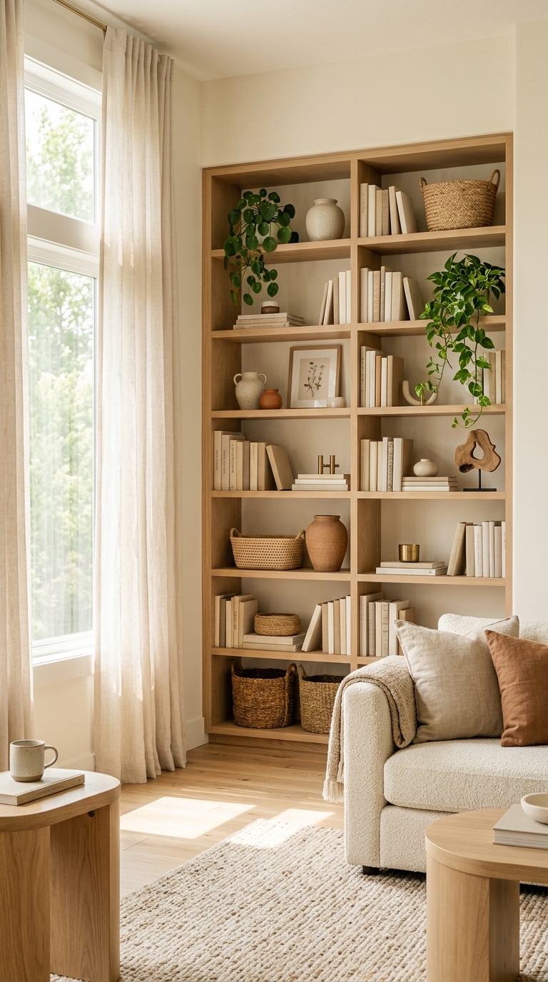A tall, beautifully styled white oak built-in bookcase next to a linen-curtained window in an organic modern living room.