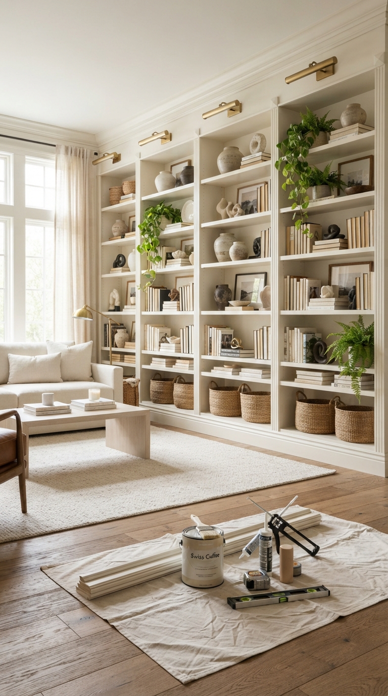 A custom cream floor-to-ceiling library wall built from IKEA Billy bookcases with DIY paint supplies and trim in the foreground.