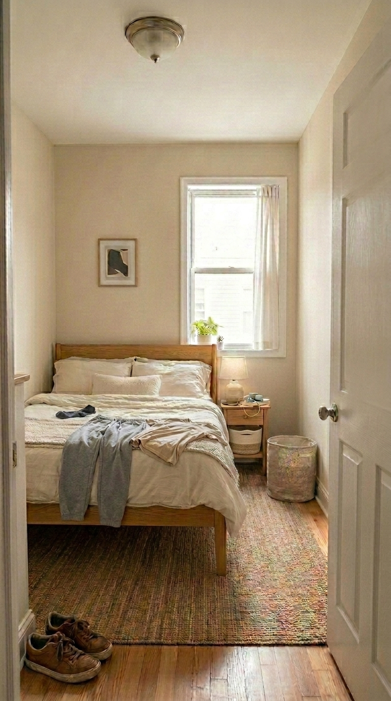 Small apartment bedroom with clothes on the bed and limited floor space