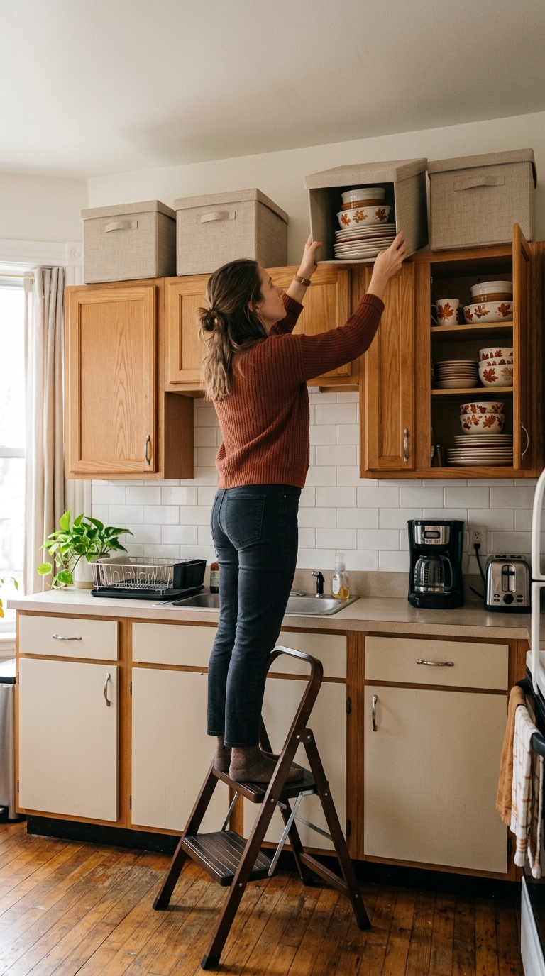 Woman on a folding step stool placing a lidded storage box filled with seasonal dishes on top of kitchen cabinets