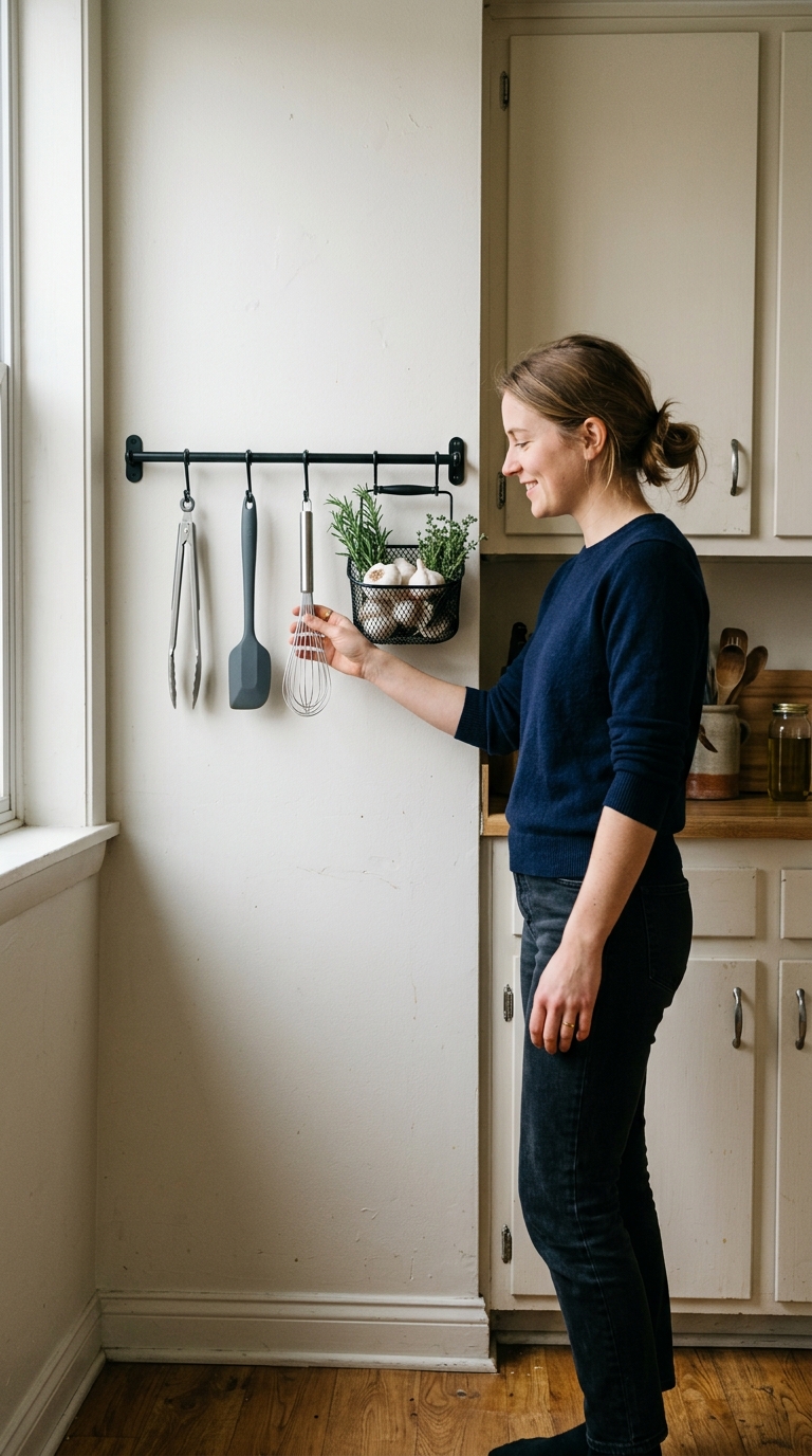 Woman taking a whisk off a wall-mounted utensil rail with hanging spatulas and a garlic basket in an apartment kitchen