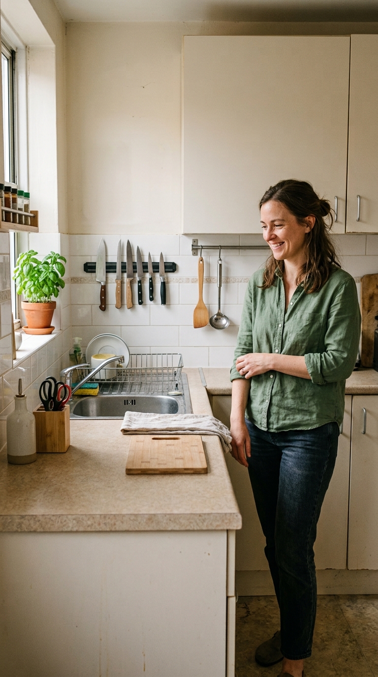 Clear kitchen counter space in a small apartment with a wall-mounted magnetic knife strip and hanging utensil rail