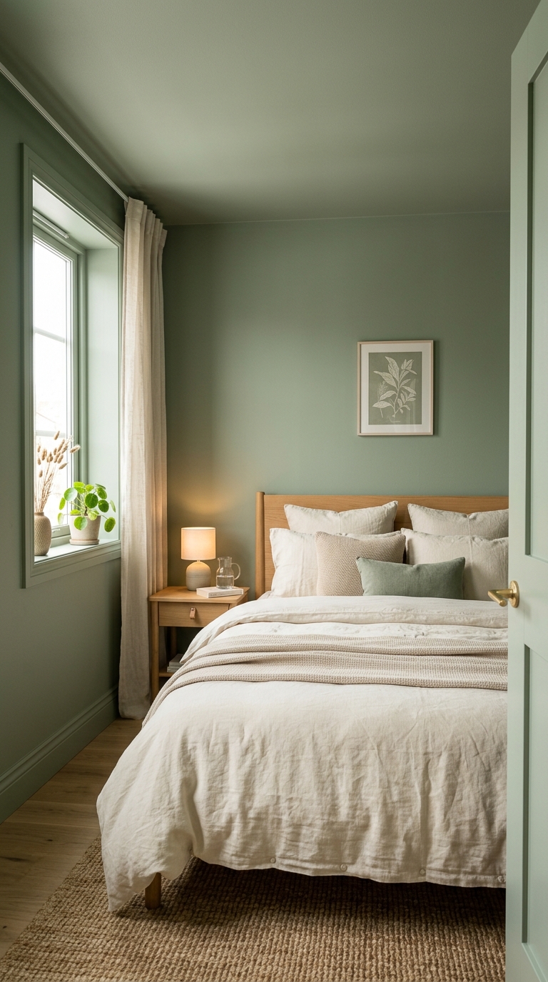 Small cozy bedroom color drenched in muted sage green with cream bedding and light oak wood nightstand