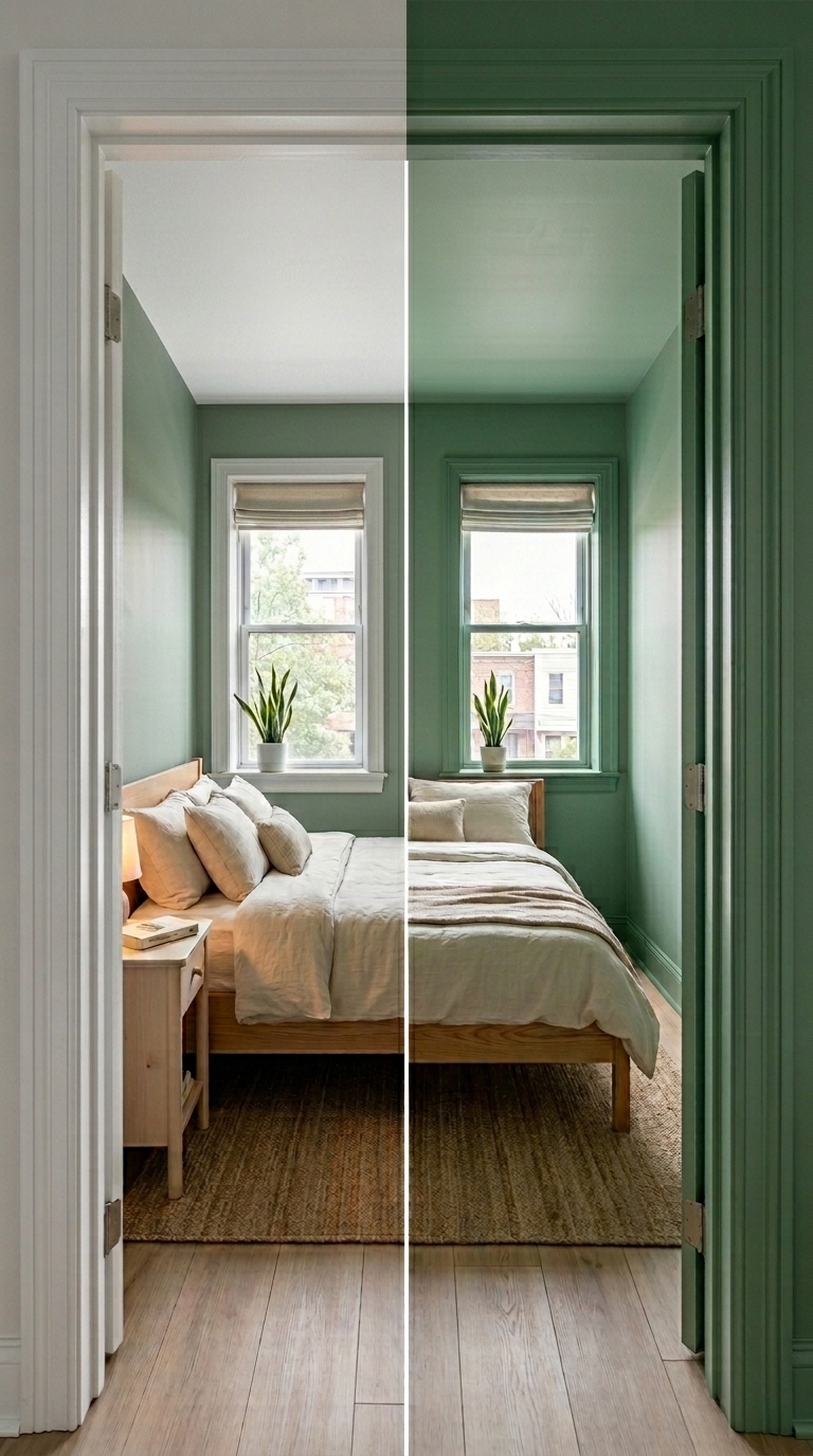 A side-by-side comparison showing traditional white trim versus color drenching in a small bedroom using seamless sage green paint.