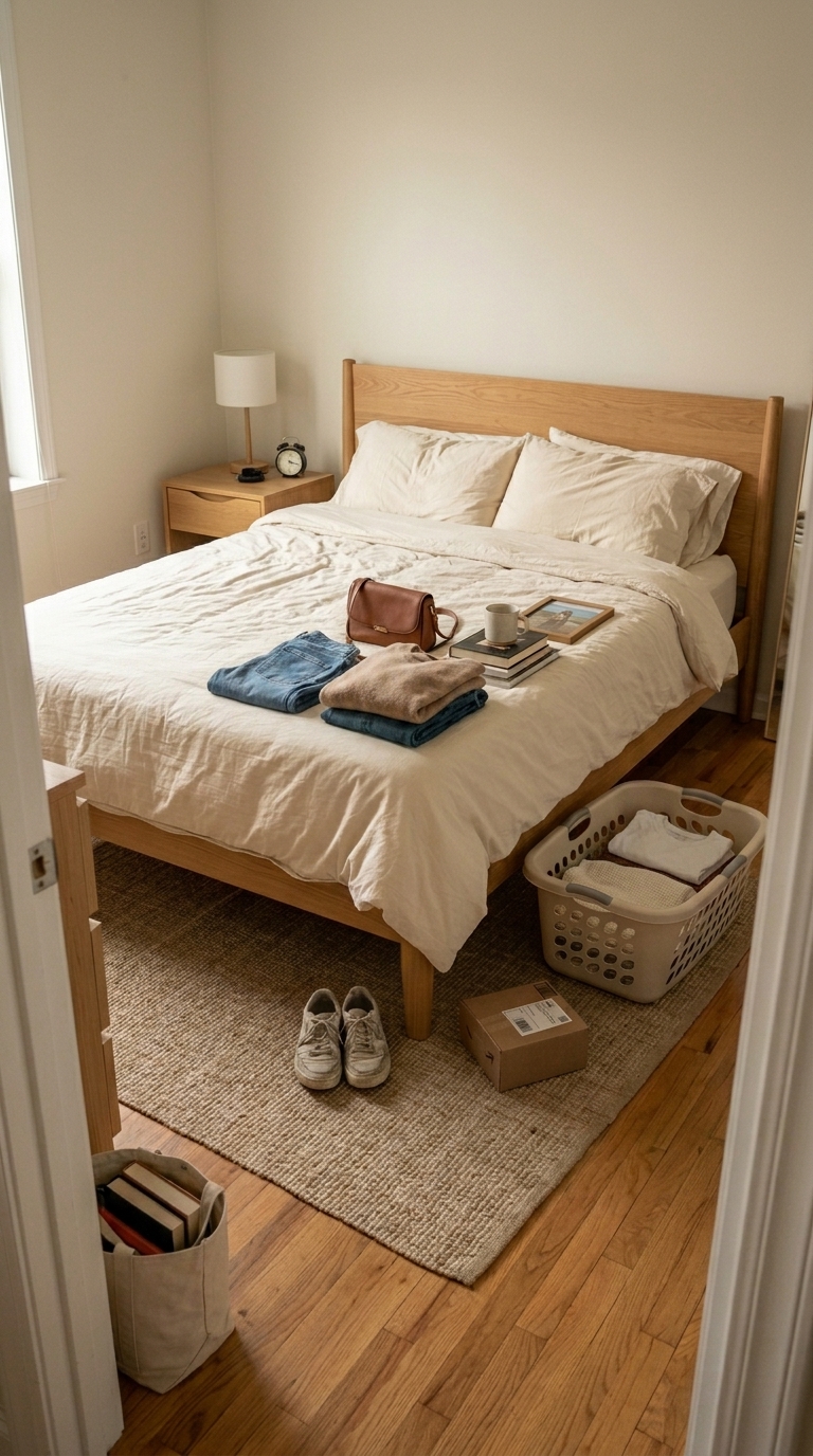 a room with clothes and everyday items being sorted before organizing