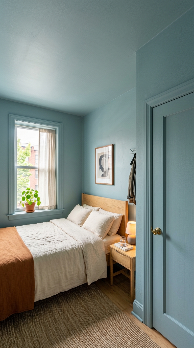 Small cozy bedroom color drenched in dusty blue paint with a warm rust-orange throw blanket and natural window light