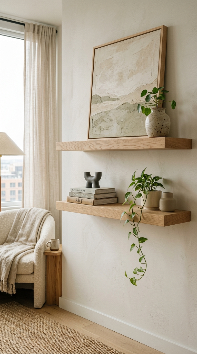 Warm Scandinavian floating shelves styled with books, plants, and neutral decor in a small apartment living room