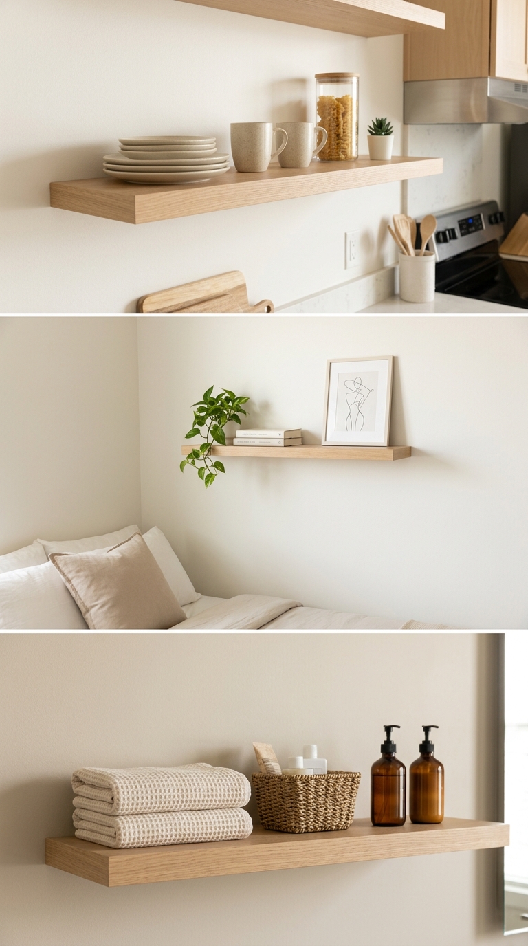 Warm Scandinavian floating shelves styled in a small apartment kitchen, bedroom, and bathroom