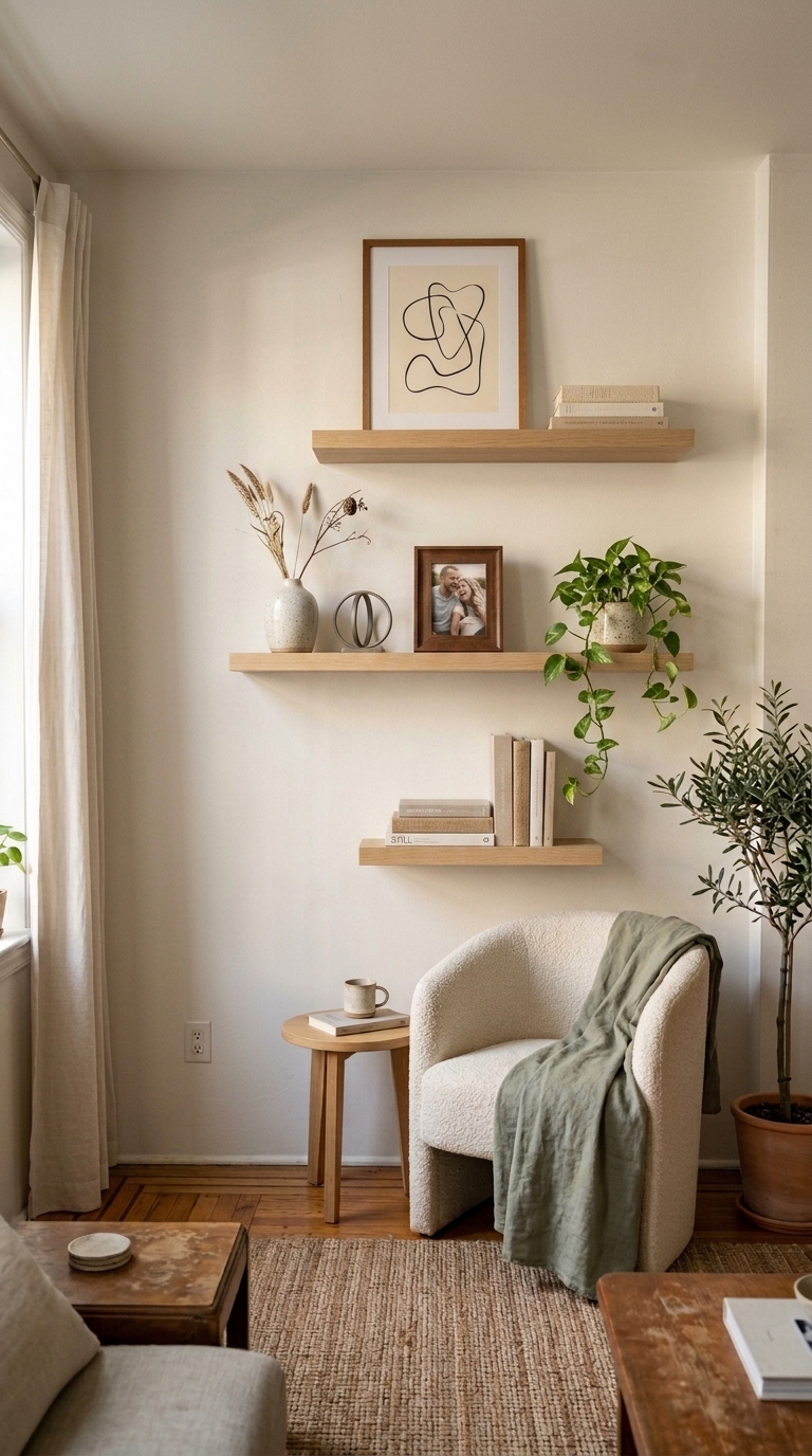 Staggered floating shelves styled with framed art, books, ceramics, and greenery in a small apartment