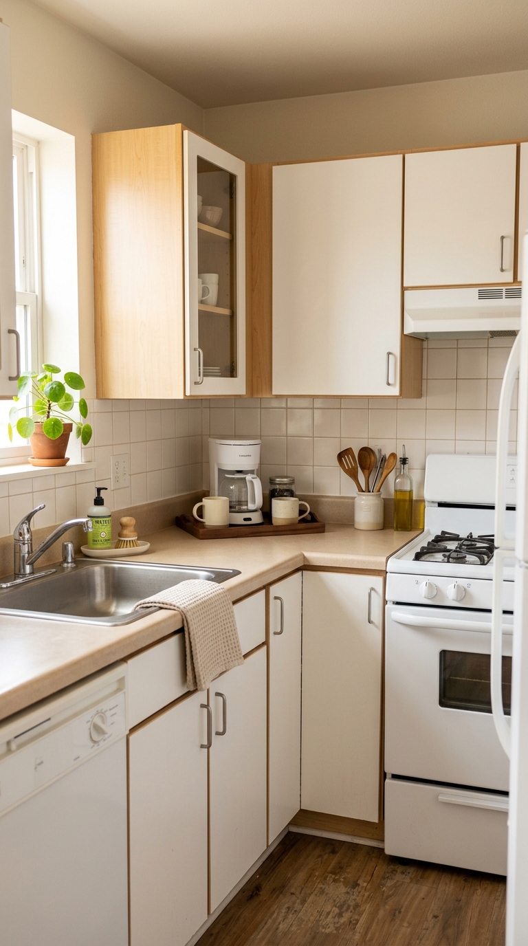 Clean and decluttered rental kitchen with clear countertops and organized cooking, coffee, and sink zones.