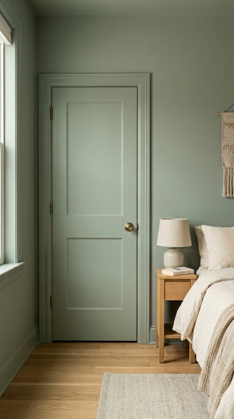 Small cozy apartment bedroom fully color drenched in muted sage green paint covering walls, door, trim, and ceiling with light oak flooring
