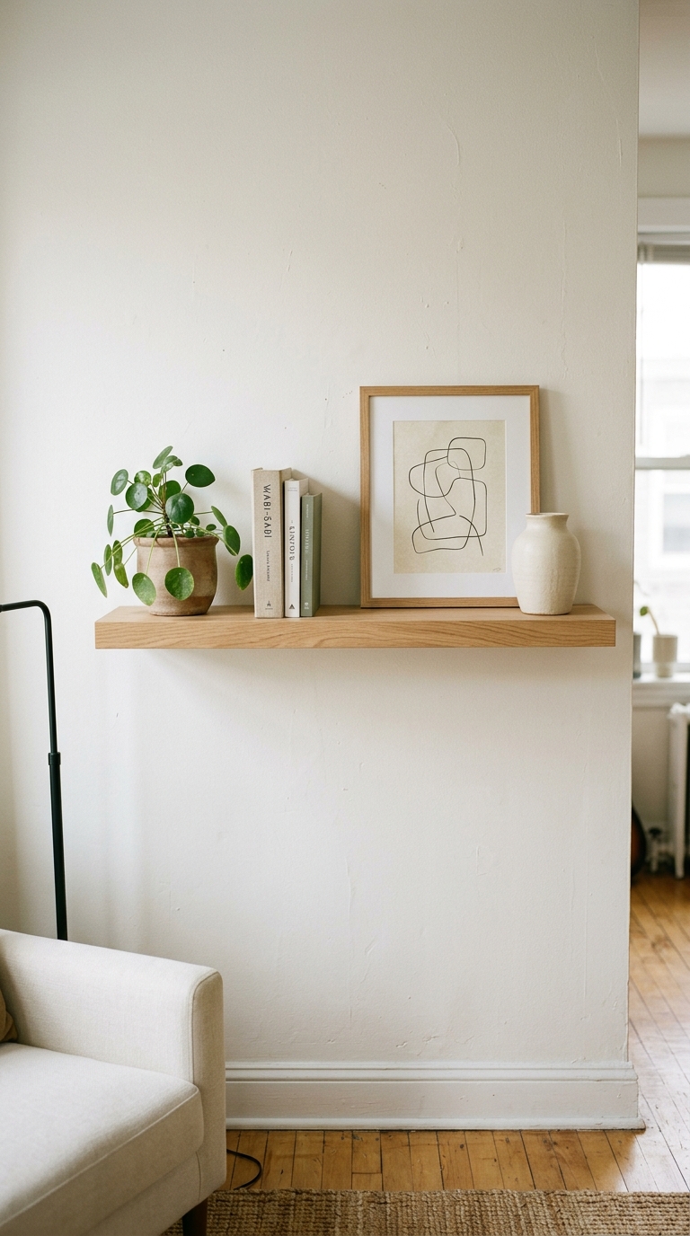 Warm Scandinavian floating shelf styled with framed art, books, ceramic decor, and greenery in a small apartment