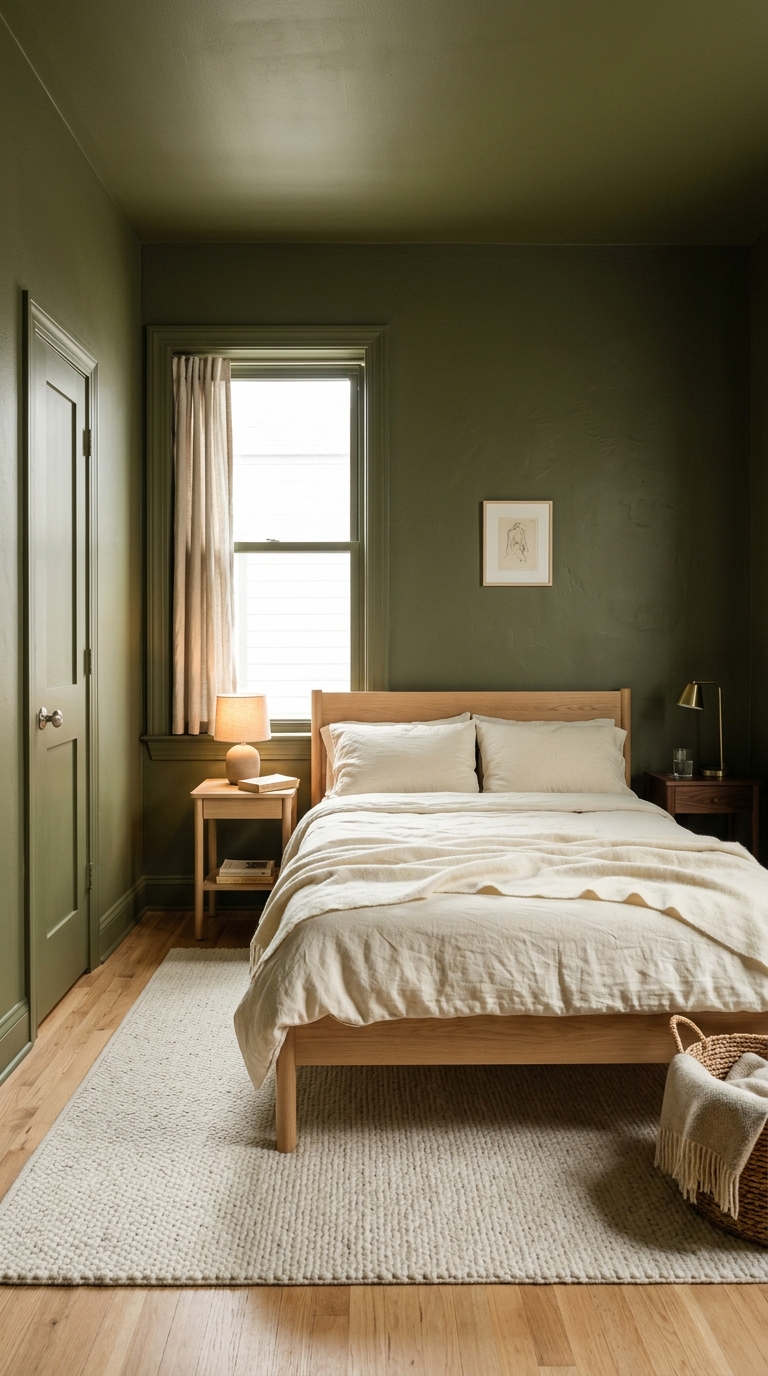 Small apartment bedroom color drenched in deep olive green paint with proper door clearance, balanced by light oak furniture and ivory bedding