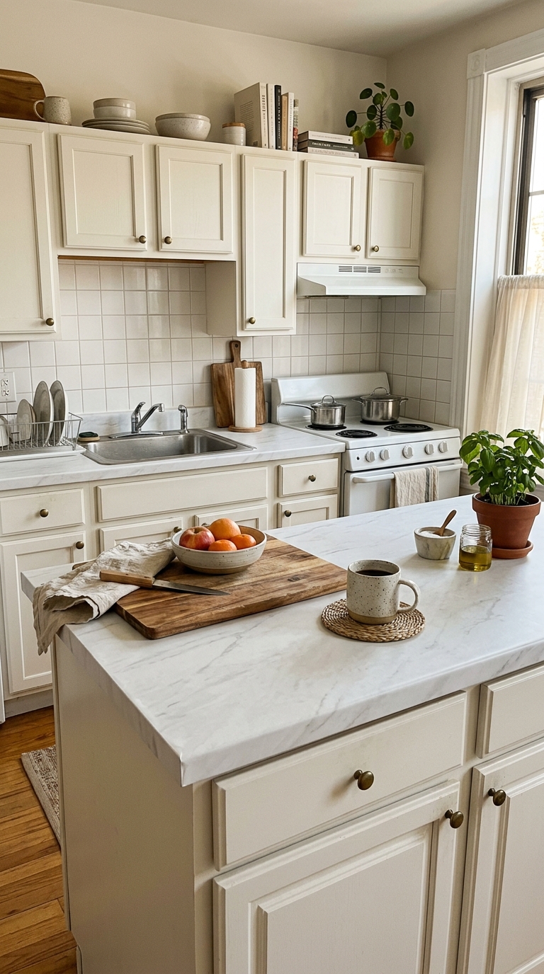 Faux white marble contact paper installed over laminate countertops in a bright rental kitchen with a wooden cutting board.