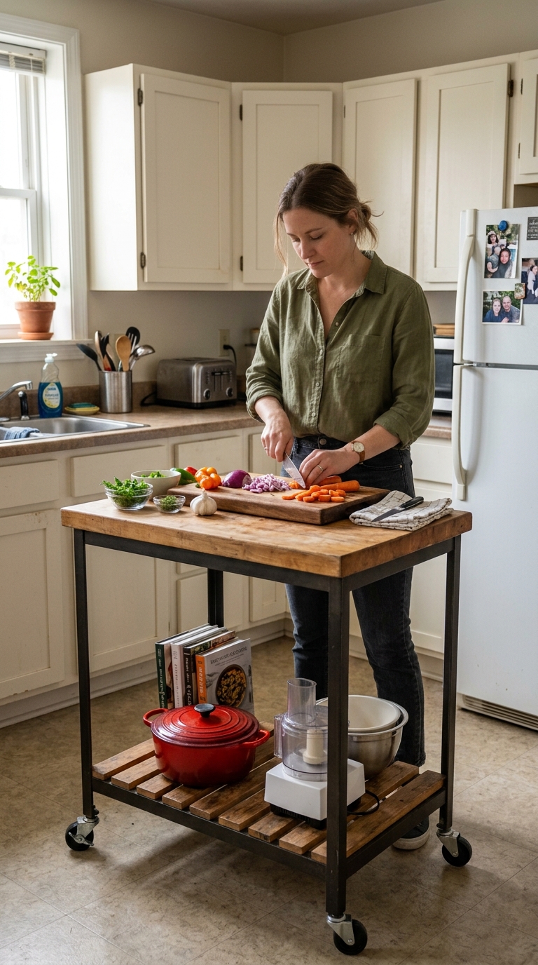Woman chopping vegetables on a rolling butcher-block kitchen island with heavy cookware stored on the bottom shelf