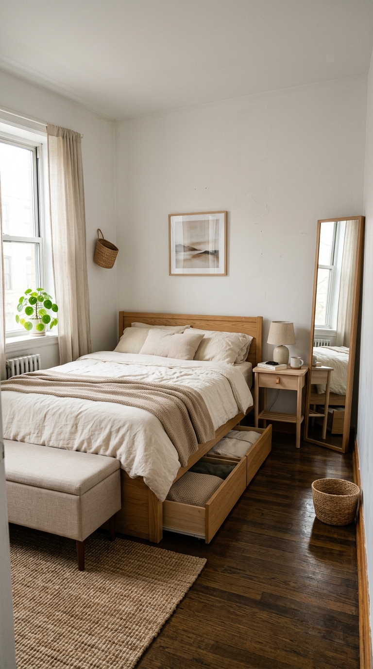 room layout featuring a storage platform bed with pull-out drawers, an upholstered storage bench, and a tall mirror.