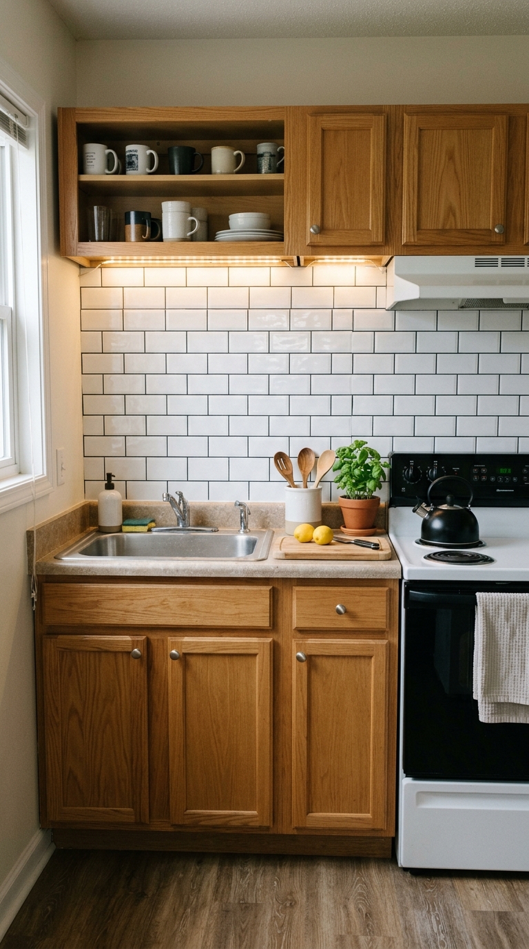 A temporary white peel-and-stick subway tile backsplash installed above a stainless steel sink in a rental apartment kitchen.