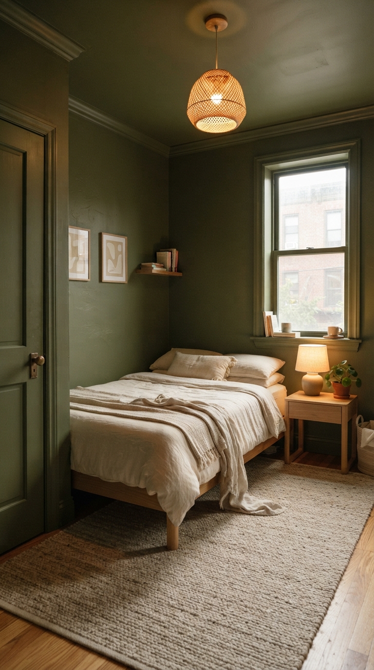Small apartment bedroom fully color drenched in deep olive green paint with a standard wood door, warm lighting, and ivory bedding