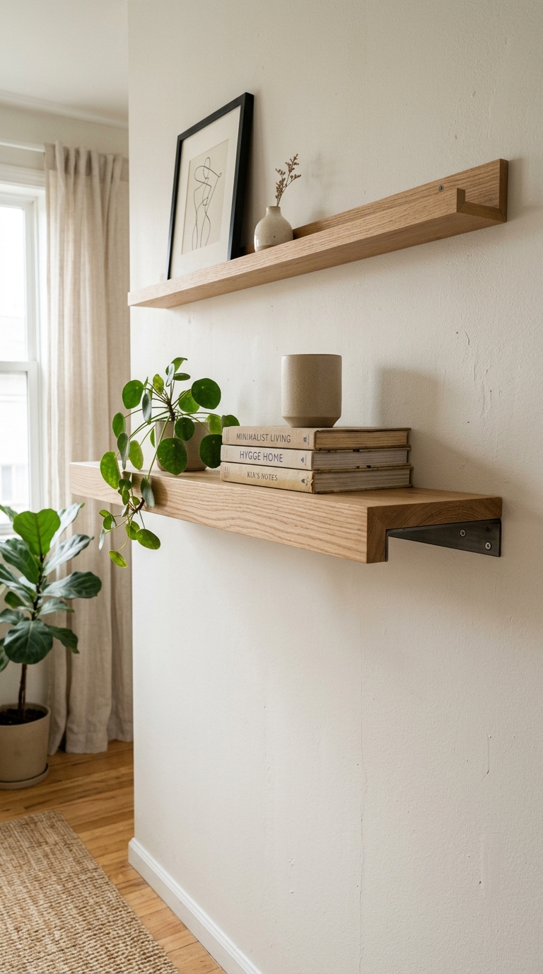 Rental-friendly floating shelves showing a slim picture ledge above a deeper natural oak shelf