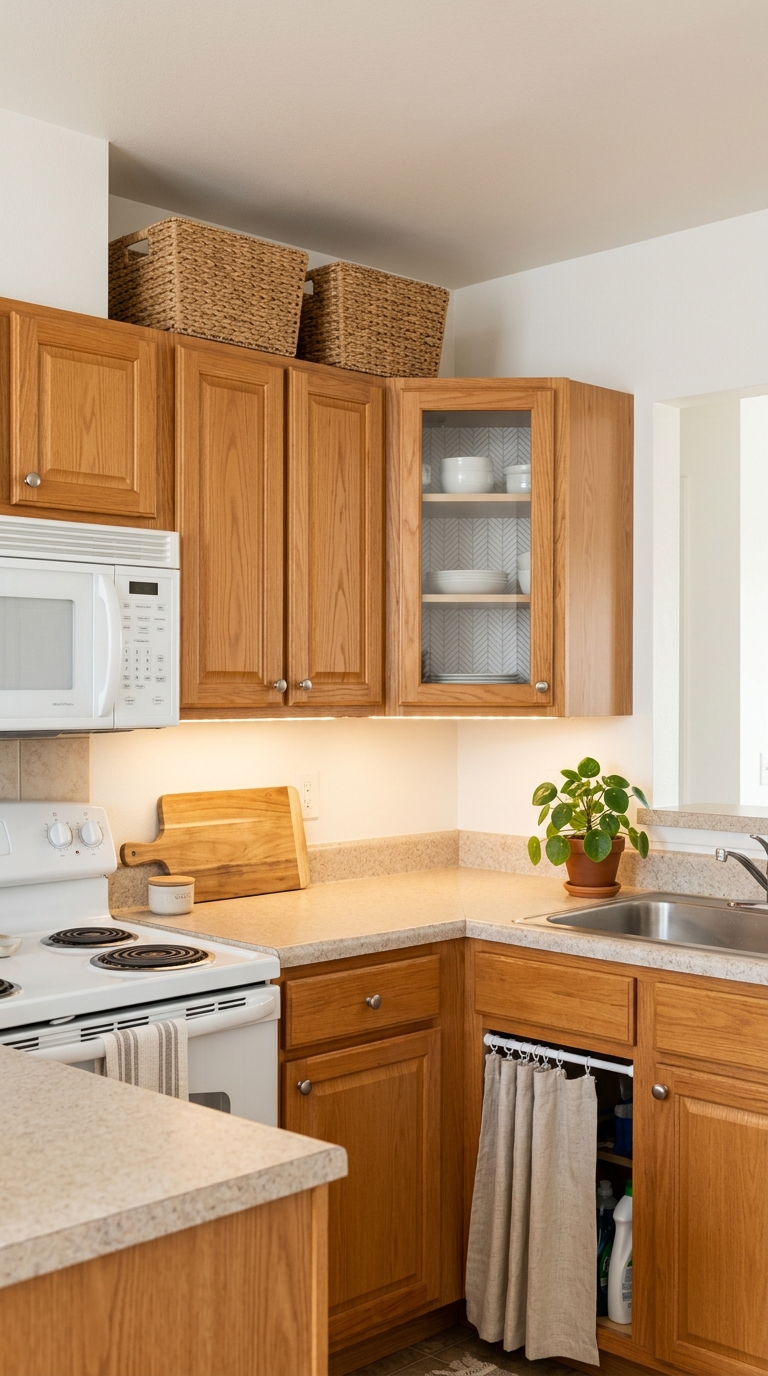 Styled honey oak cabinets with baskets on top, patterned shelf liner in glass cabinet, and under-sink cafe curtain.