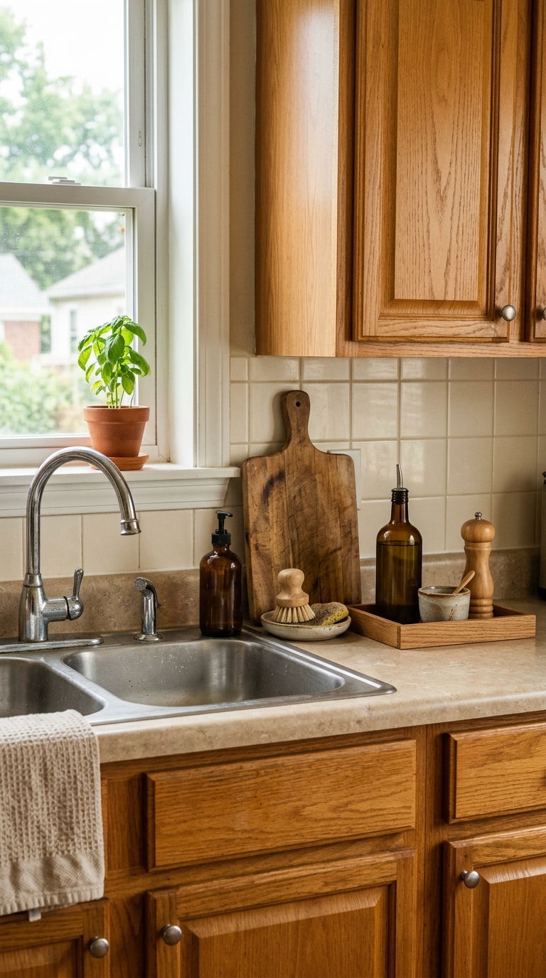 Styled countertop vignette with amber soap dispenser, leaning wooden cutting board, small tray with olive oil, and potted basil plant.