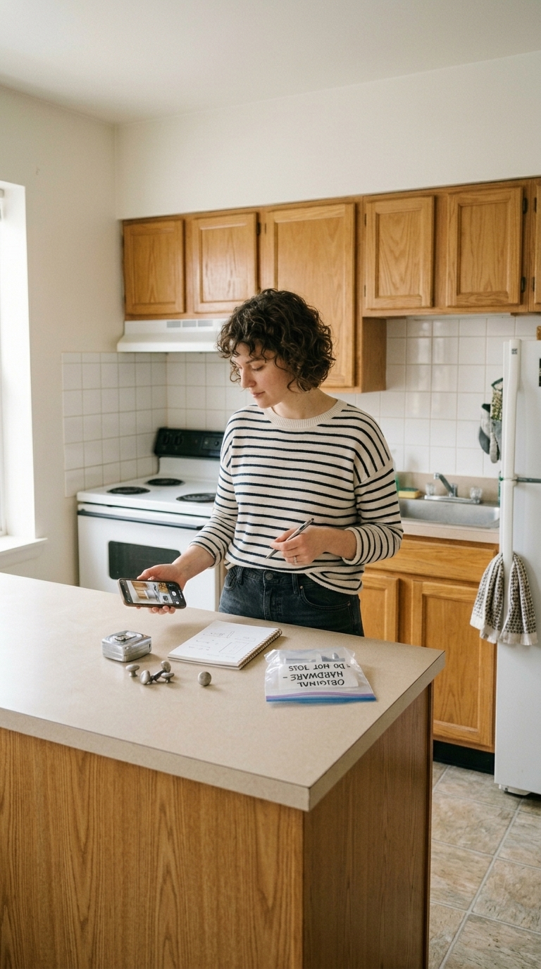 Renter planning a kitchen makeover while photographing the existing cabinets and saving original hardware before making changes.