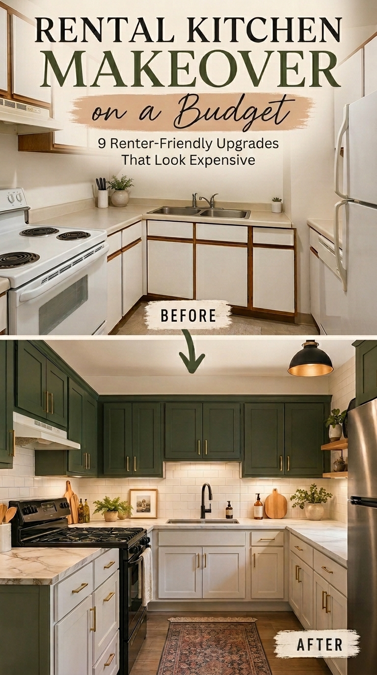 Before and after of a dated rental kitchen transformed with two-tone cabinets, faux-marble countertops, subway tile backsplash, gold hardware, and warm lighting.