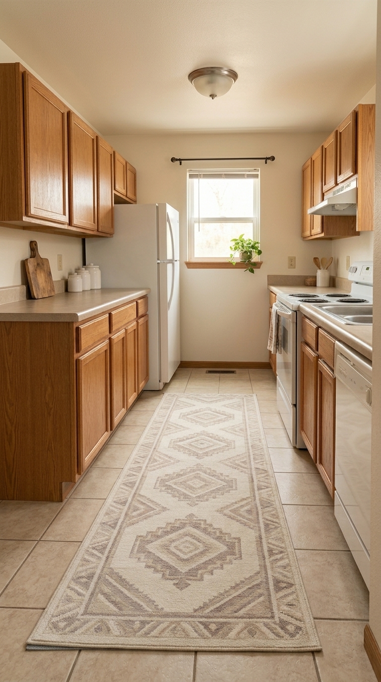 Neutral patterned runner rug centered on beige tile floor in a galley rental kitchen with oak cabinets.