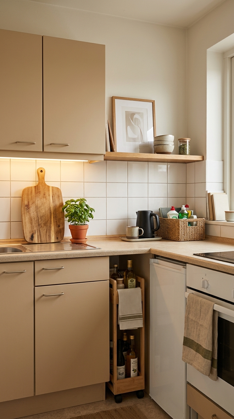 kitchen styled around dated cabinets and finishes