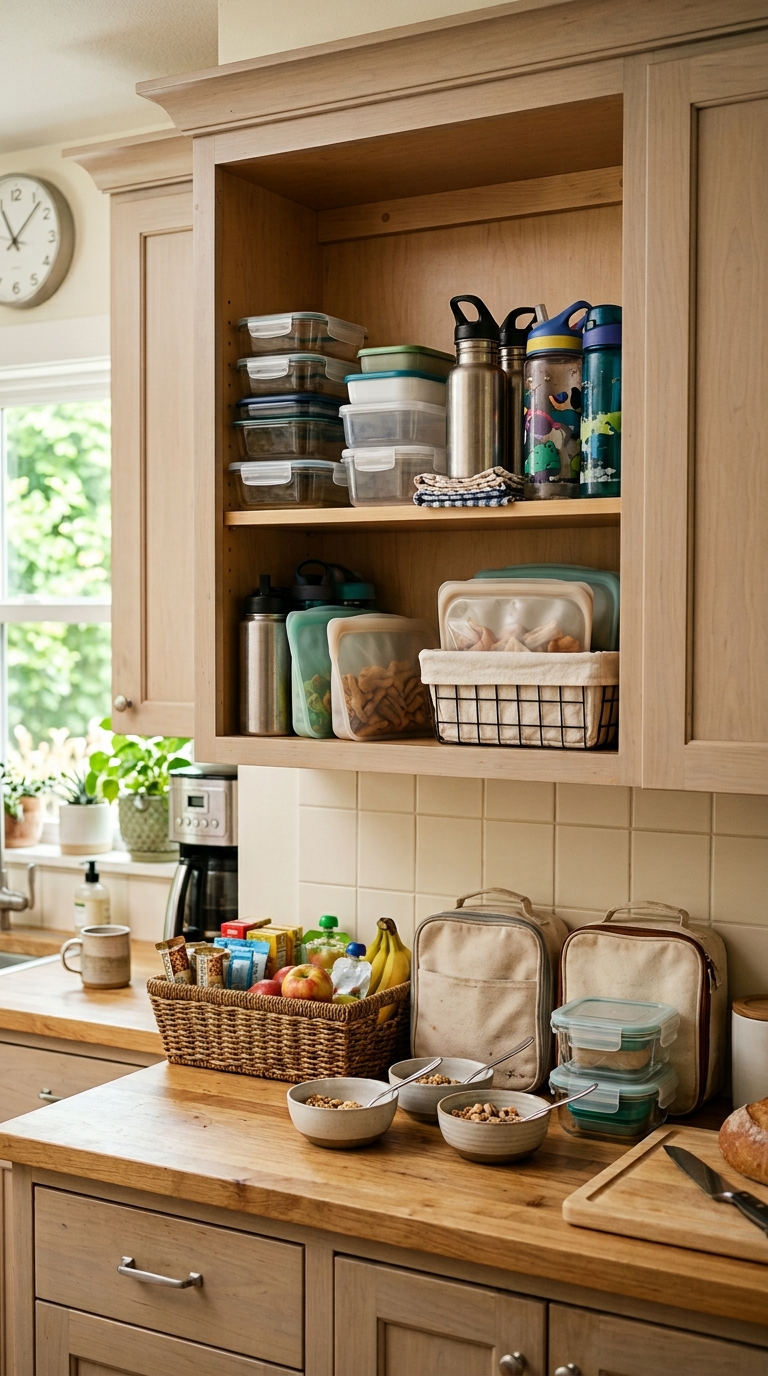 Open kitchen cabinet and counter grab-and-go station with lunch bags, food storage containers, water bottles, and snack basket for school mornings.