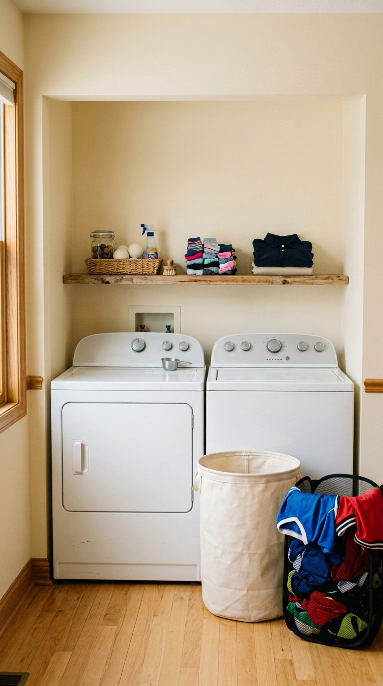 Organized laundry nook with washer, dryer, floating shelf holding folded school uniform shirts and socks, and dual sorting hampers.