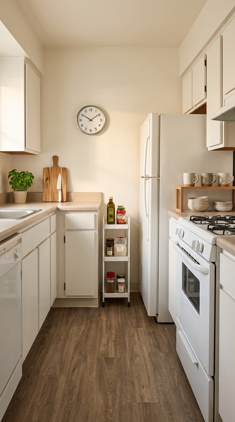 A narrow white rolling cart and tiered countertop riser adding compact storage to a small apartment galley kitchen.