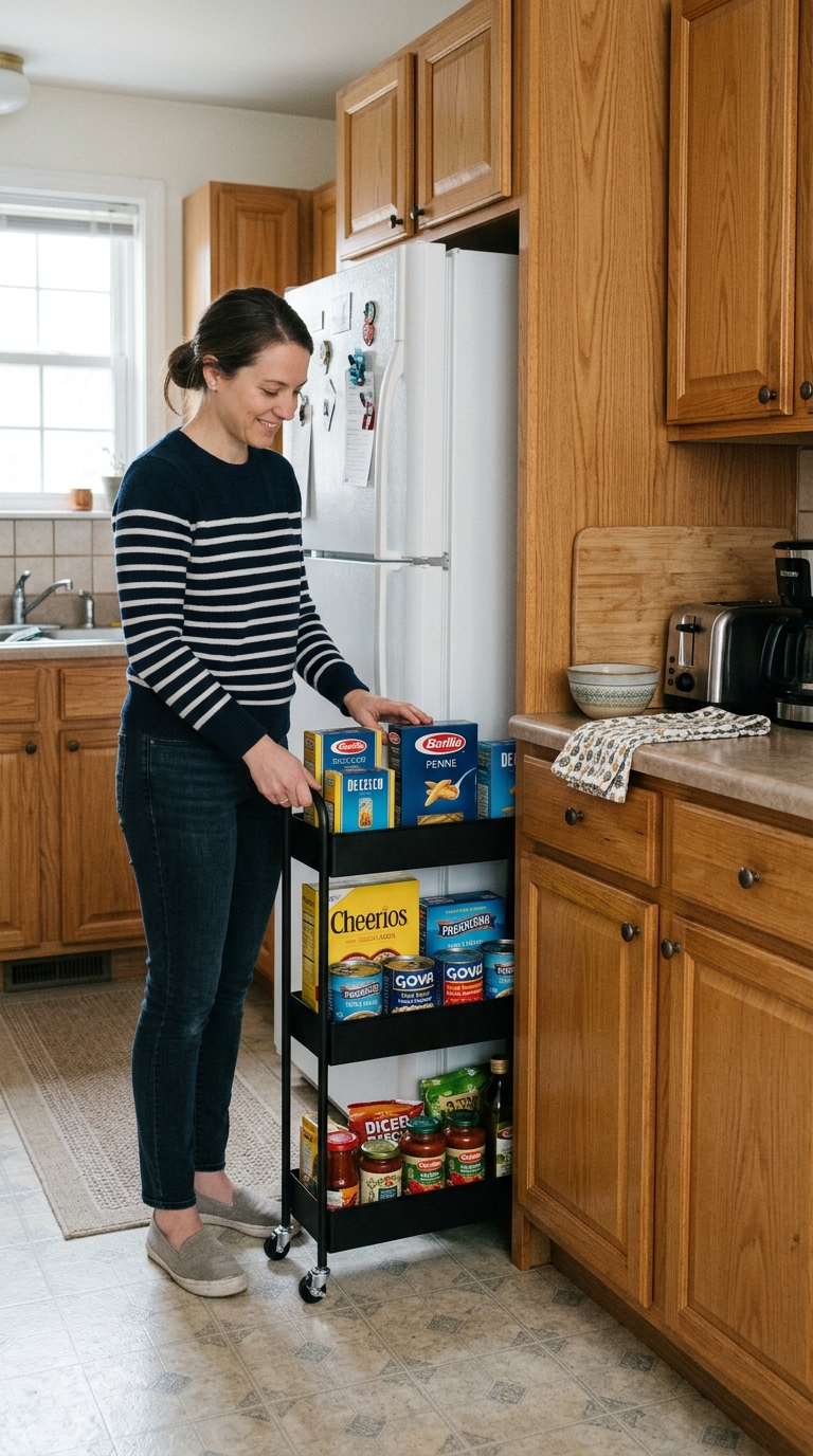 Woman organizing pasta boxes, cereal, and canned food on a 3-tier slim rolling cart beside the refrigerator in a small rental kitchen