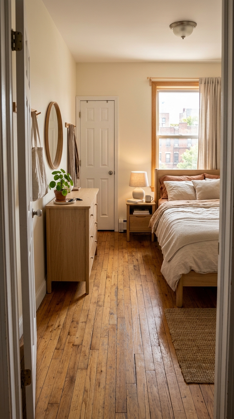 a bedroom with a clear walking path between the door and bed