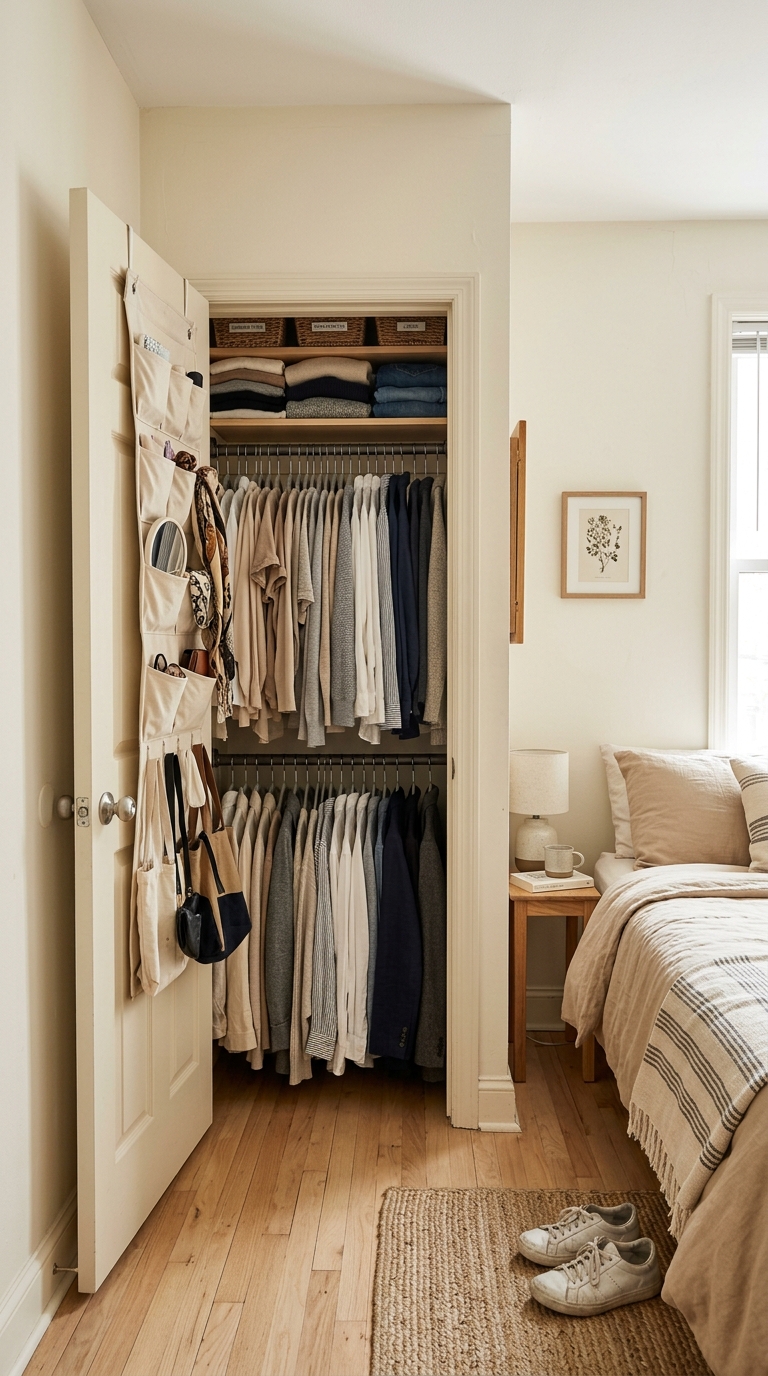 A compact bedroom closet with double hanging rods, upper shelf storage, and an over-the-door organizer to maximize wardrobe space in a small bedroom.