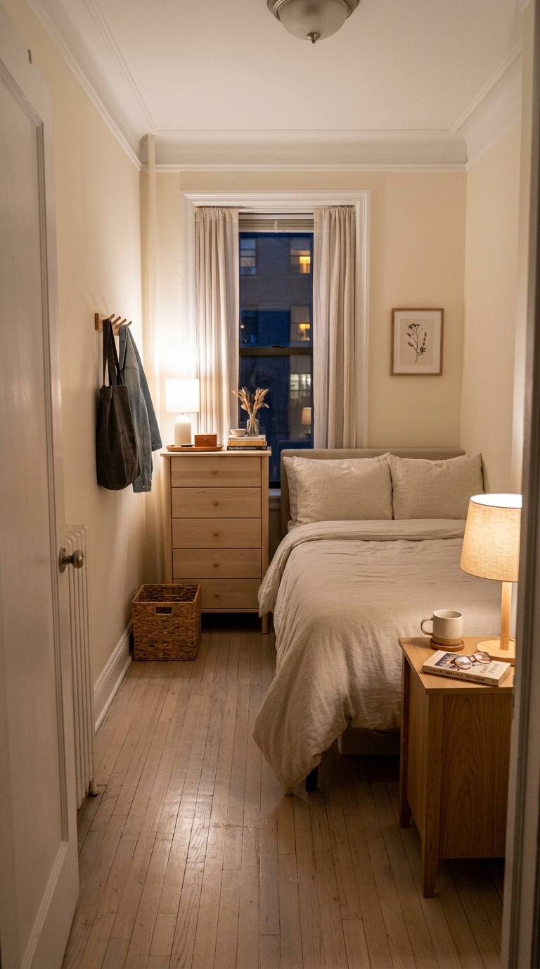 Small apartment bedroom with a clear walking path and neatly organized furniture