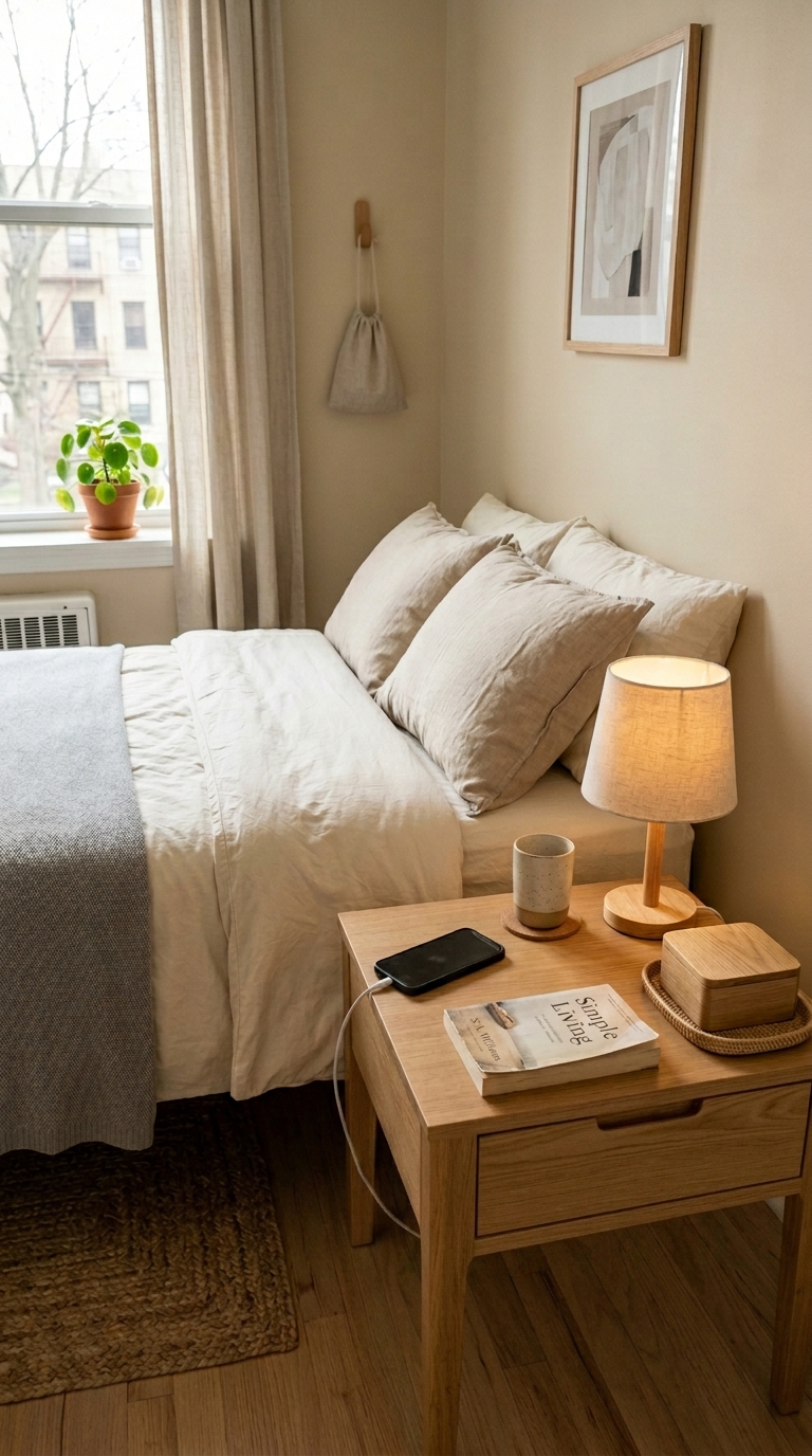 Small bedroom nightstand with a lamp, water glass, book, and phone