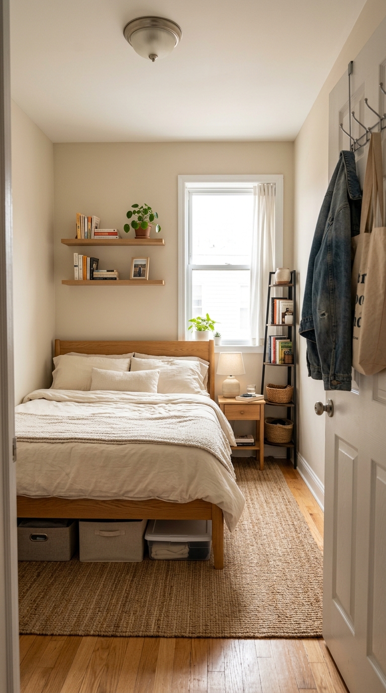 Small apartment bedroom using under-bed and vertical storage to save space