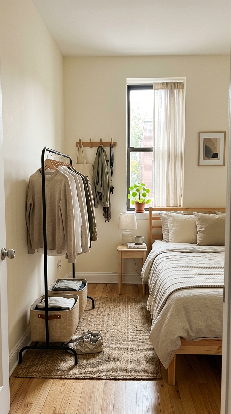a room without a closet using a slim garment rack and storage bins