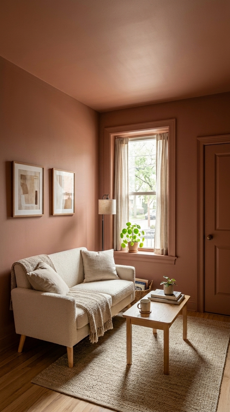  An editorial living room demonstrating how color drenching a small room with a single earthy terracotta hue blurs architectural boundaries.